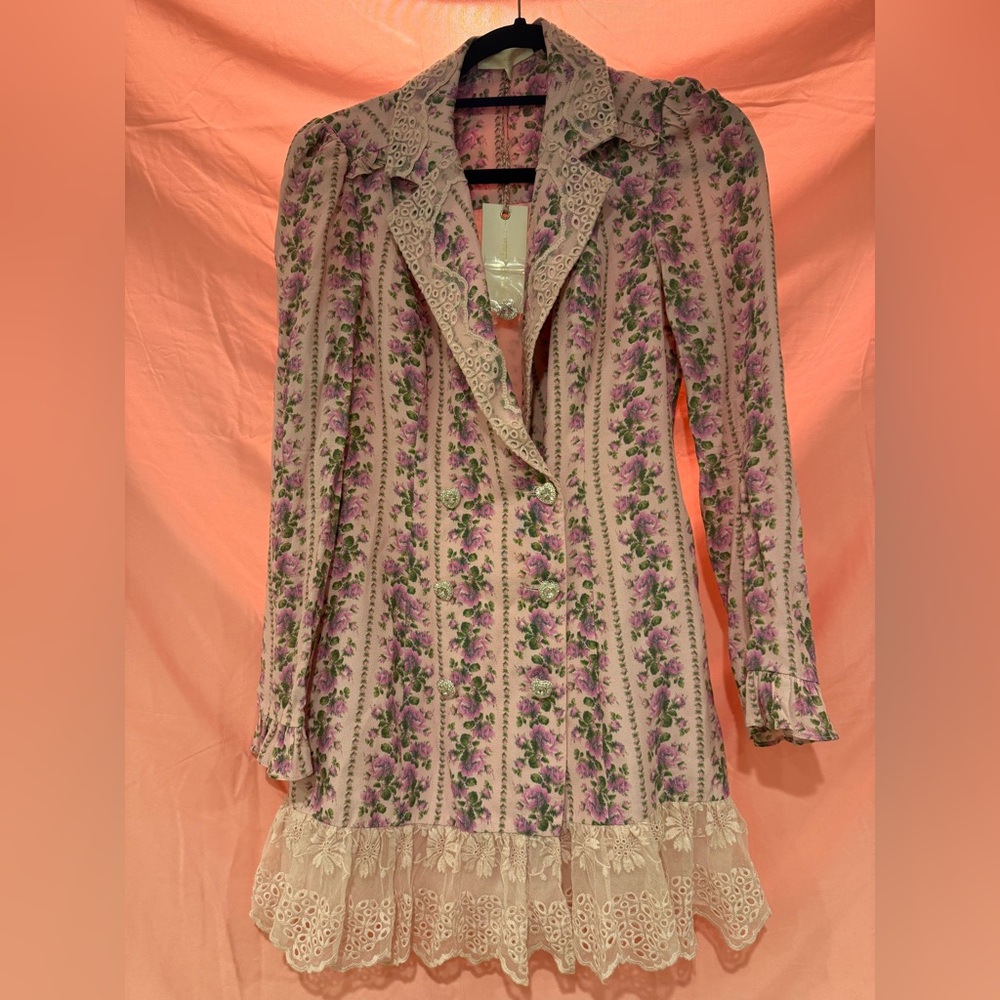 Loveshackfancy NWT moonstone crepe dress Floral Pink Lace Trim Coat size 2